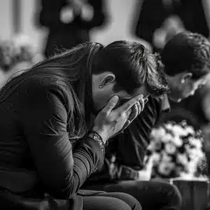 A man crying at a funeral.