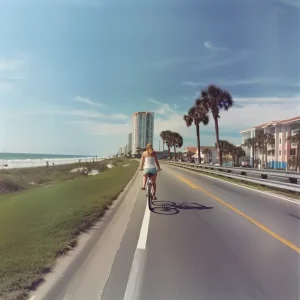 A woman riding a bicycle on Myrtle beach