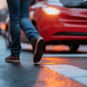 Pedestrian on road, near a car