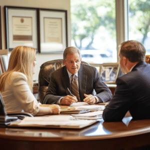 lawyer with client and insurance person