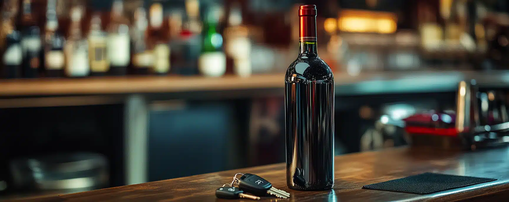 A wine bottle near car keys.