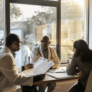 Doctors explaining the case to a family member of the victim