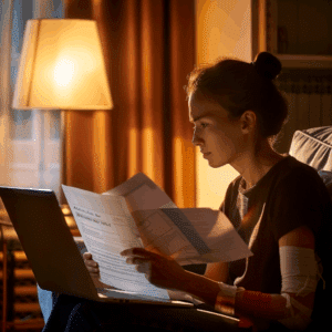 Burn victim reviewing insurance and legal paperwork