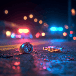 Liquor lying on the road as a Police car with flashing lights arrive