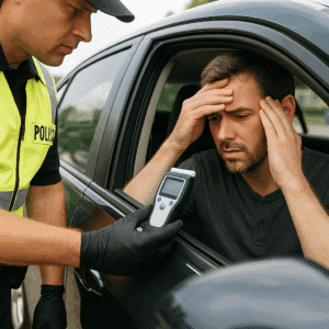 Drunk driver looking stressed as a cop checks his breath analyzer
