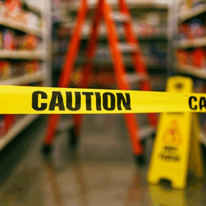 Yellow caution tape stretched across a Florence store aisle