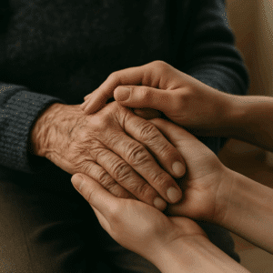 elderly nursing home abuse victim being comforted by a young lawyer