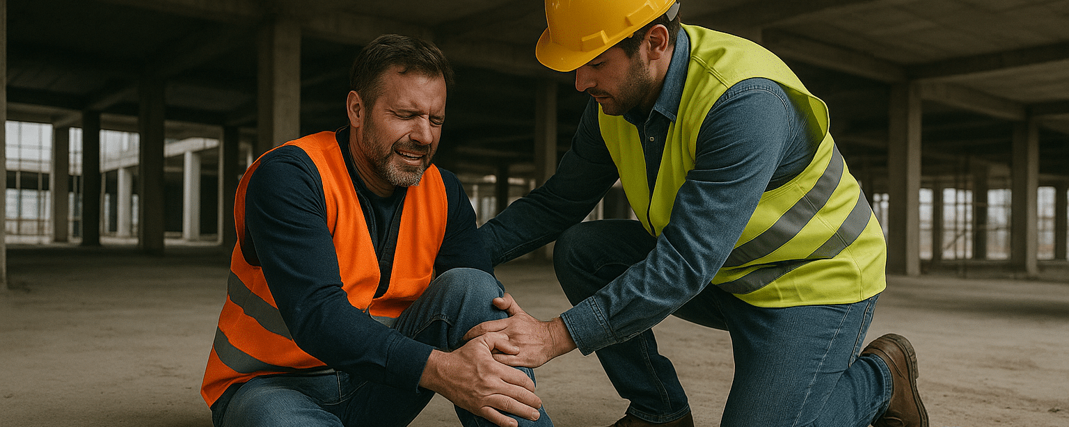Worker at a construction site helping an injured co-worker