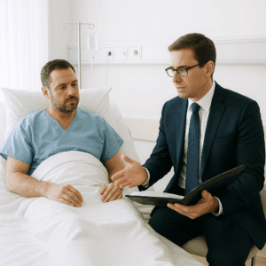 A lawyer discussing compensation with a spinal injury patient