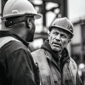 An experienced worker explaining workers' comp to a young worker in SC