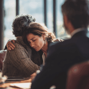 A woman consoling her daughter as a wrongful death lawyer looks