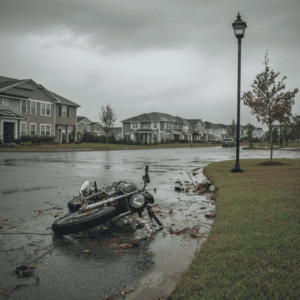 A motorcycle after an accident on a suburban road in Florence, SC