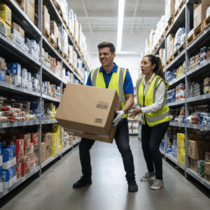 retail employee wincing in pain while carrying a heavy box