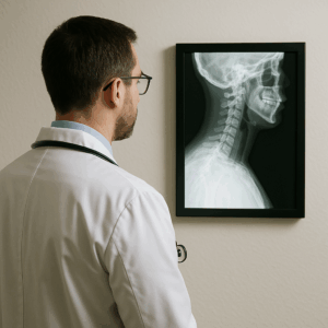 doctor looking at a spinal cord X-ray 