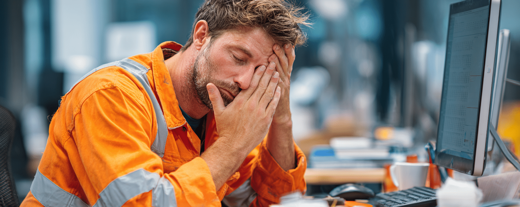 A worker tired after putting in more hours than usual
