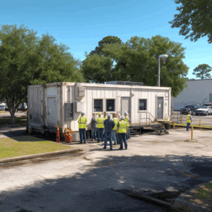 Warehouse workers outside the site office