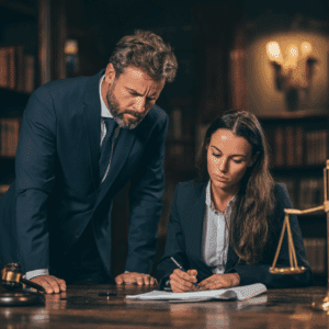 A para legal drafting a claim with help from the lawyer