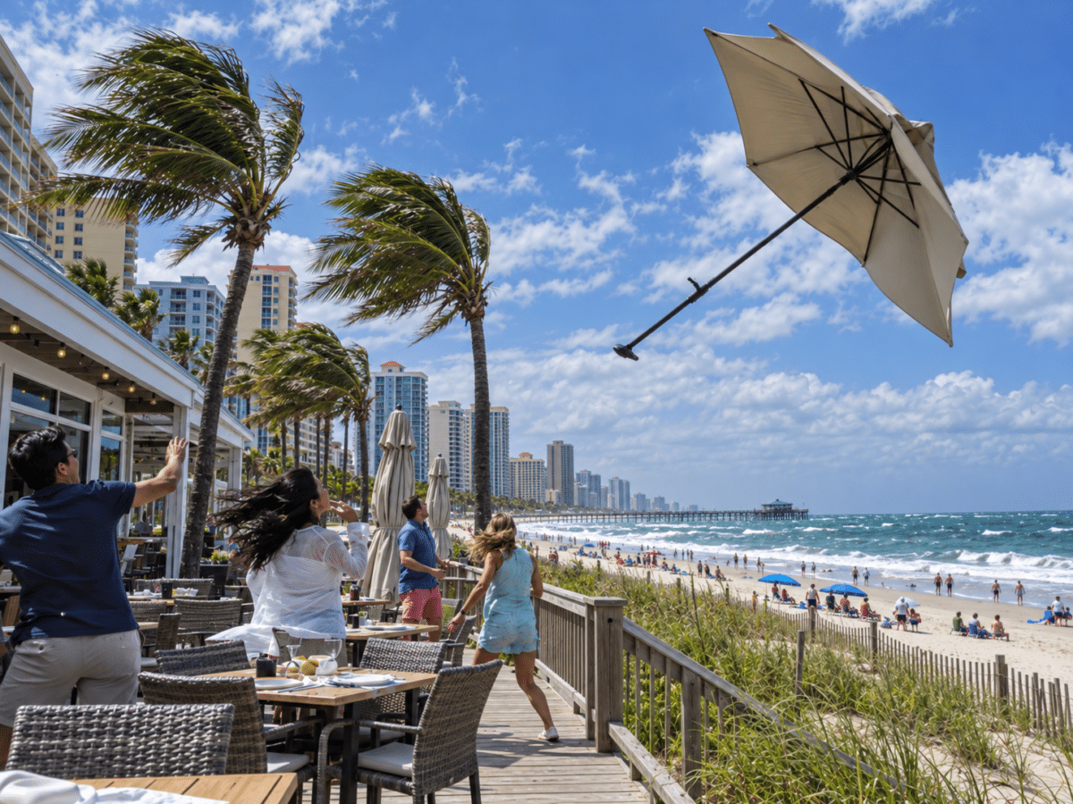 an umbrella blowing away from a restaurant